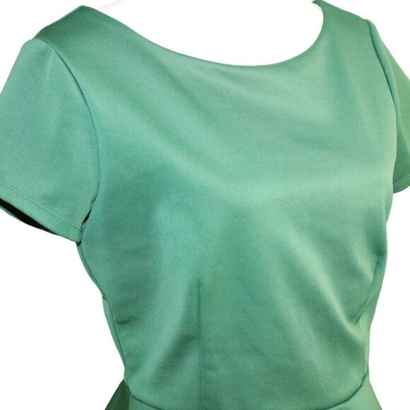 Bisou Bisou Women’s Medium Green Satin Look Flare Bottom Short Sleeve Blouse - Picture 2 of 7